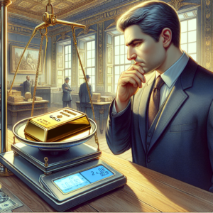 A New York bussiness man looking on gold bullion bar , the bullion is on a digital scale in a fancy office, the man thinking how much this gold bar wieght